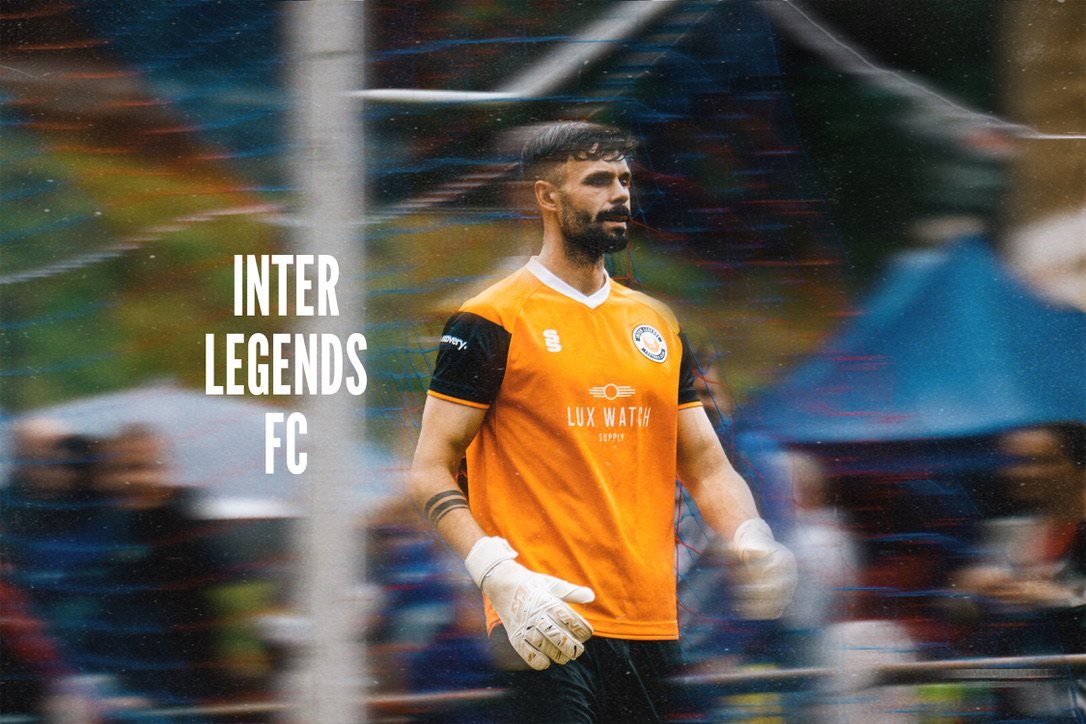 Goalkeeper in an orange kit shot through the net, treated as a club graphic with the club name set alongside